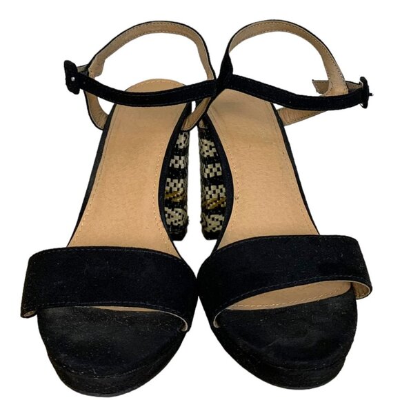 EUC Straw 4" Heel Platform Sandal with Black Suede Ankle and Toe Strap S… - Picture 2 of 11